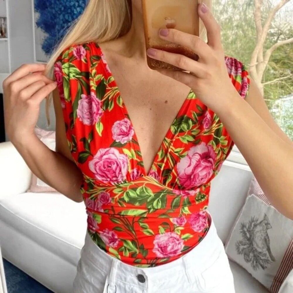 ZARA Red Tropical Bodysuit Plunge Neckline NEW Small Blogger Favorite
